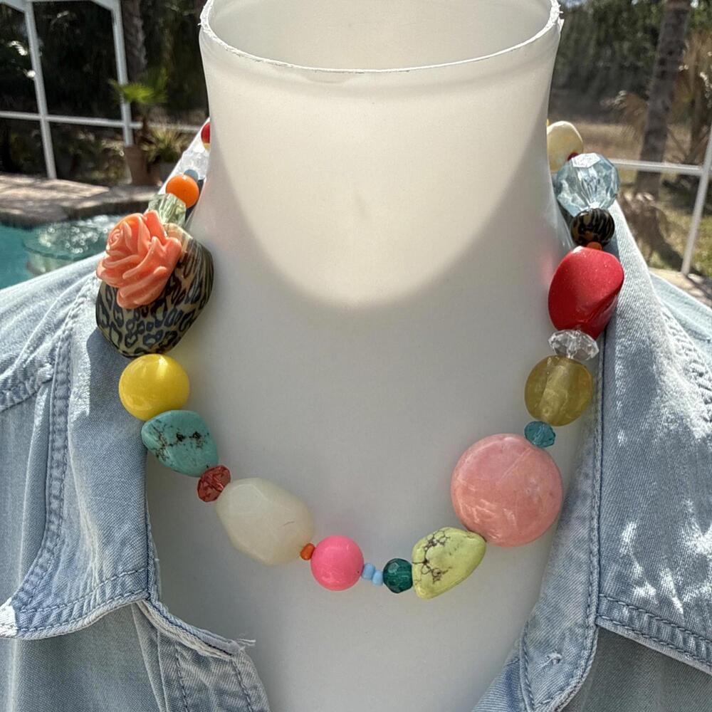 NWT Chunky Flower Turquoise Pastel Bead Necklace Western Cowgirl Earring Set